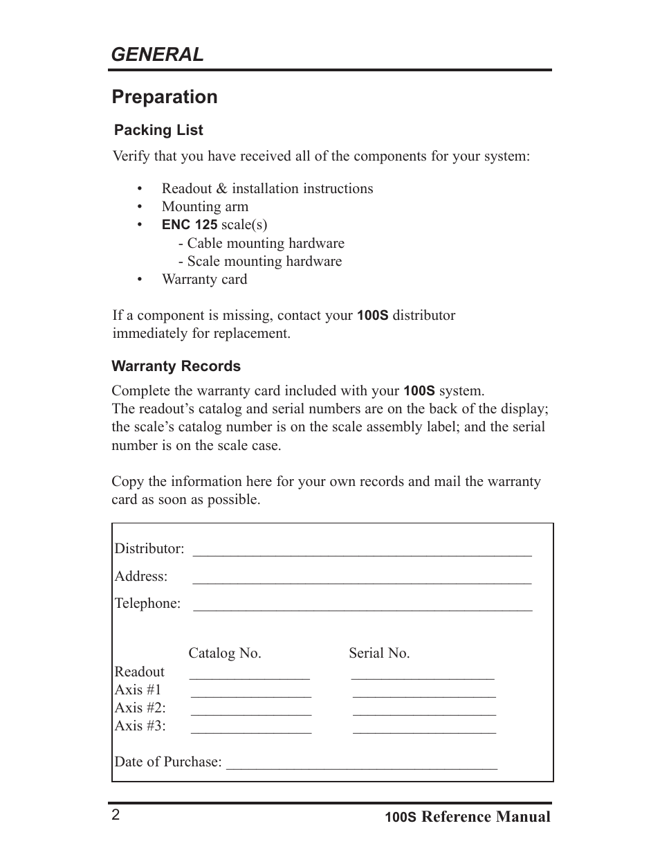 General, Preparation | ACU-RITE 100S User Manual | Page 5 / 42