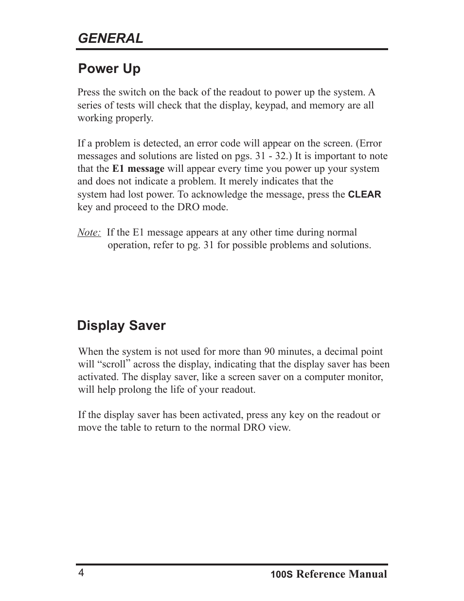 General, Power up, Display saver | ACU-RITE 100S User Manual | Page 7 / 42