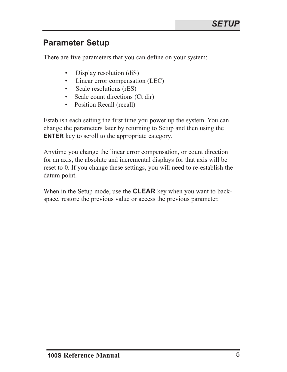 Setup, Parameter setup | ACU-RITE 100S User Manual | Page 8 / 42