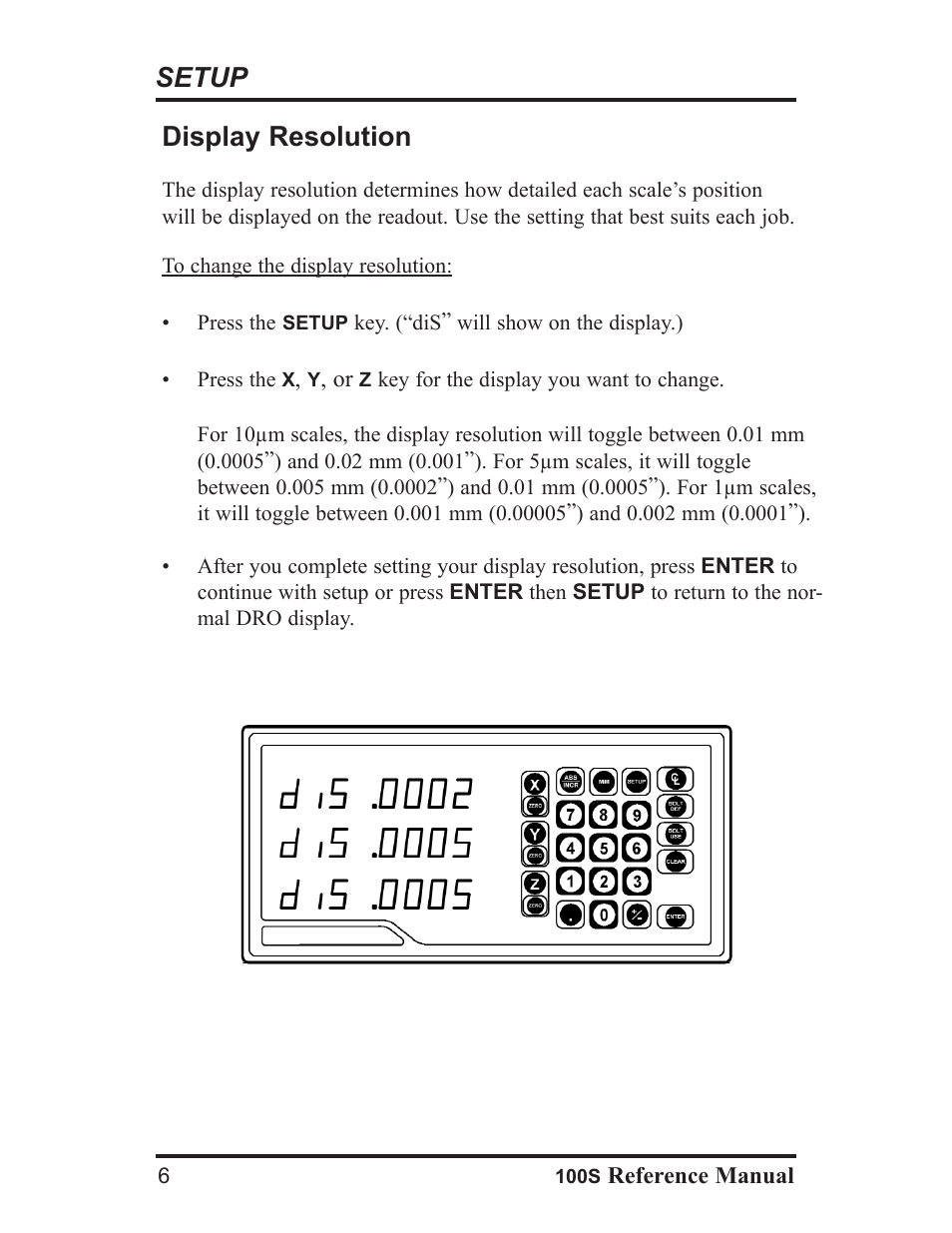 Setup, Display resolution | ACU-RITE 100S User Manual | Page 9 / 42