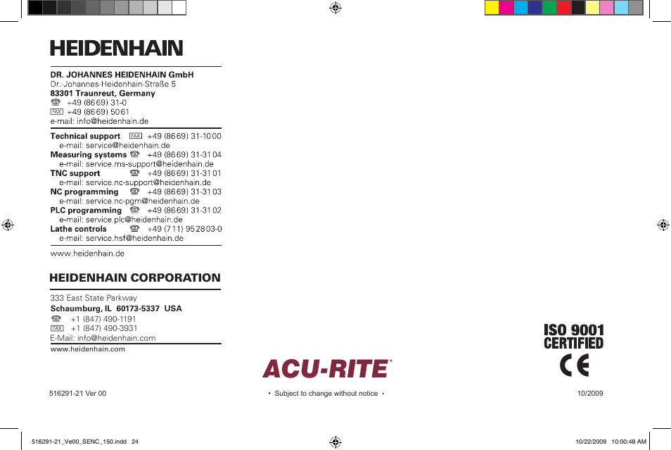 Acu-rite, Heidenhain corporation | ACU-RITE SENC 150 User Manual | Page 24 / 24