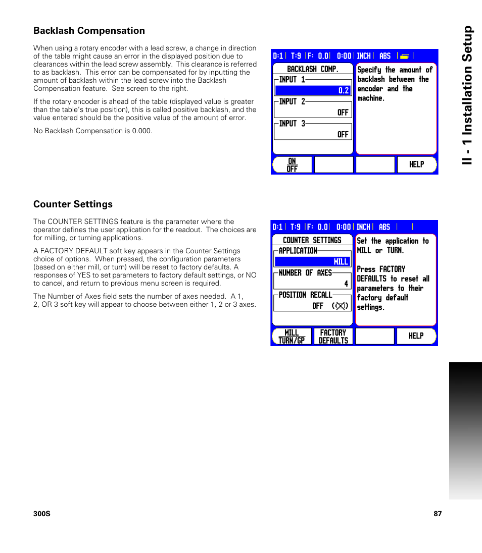 Backlash compensation, Counter settings, Ii - 1 installation set u p | ACU-RITE 300S User Manual | Page 101 / 120