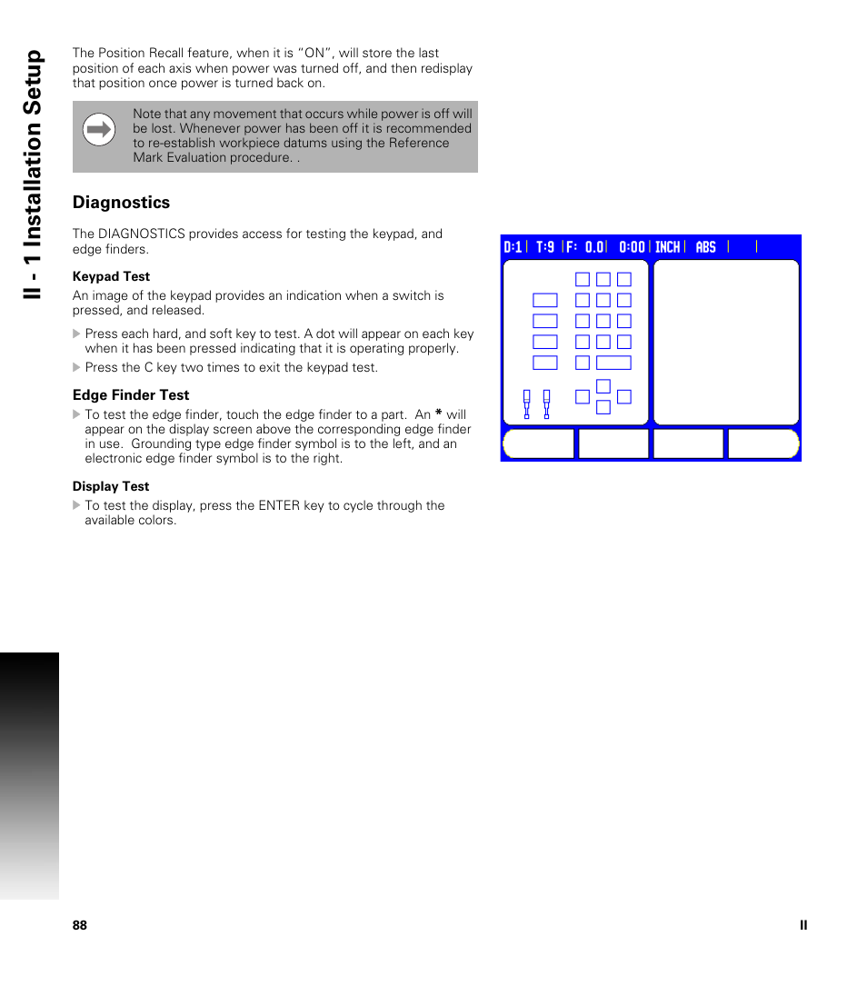 Diagnostics, Keypad test, Edge finder test | Display test, Keypad test edge finder test display test, Ii - 1 installation set u p | ACU-RITE 300S User Manual | Page 102 / 120