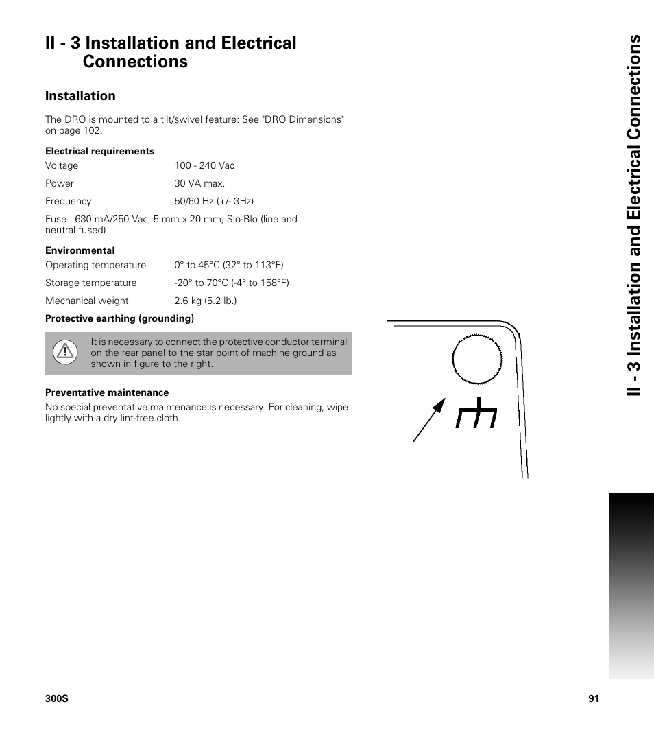 Ii - 3 installation and electrical connections, Installation, Electrical requirements | Environmental, Preventative maintenance | ACU-RITE 300S User Manual | Page 105 / 120