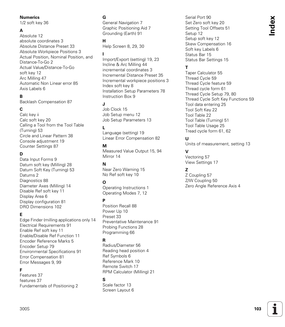Index | ACU-RITE 300S User Manual | Page 117 / 120