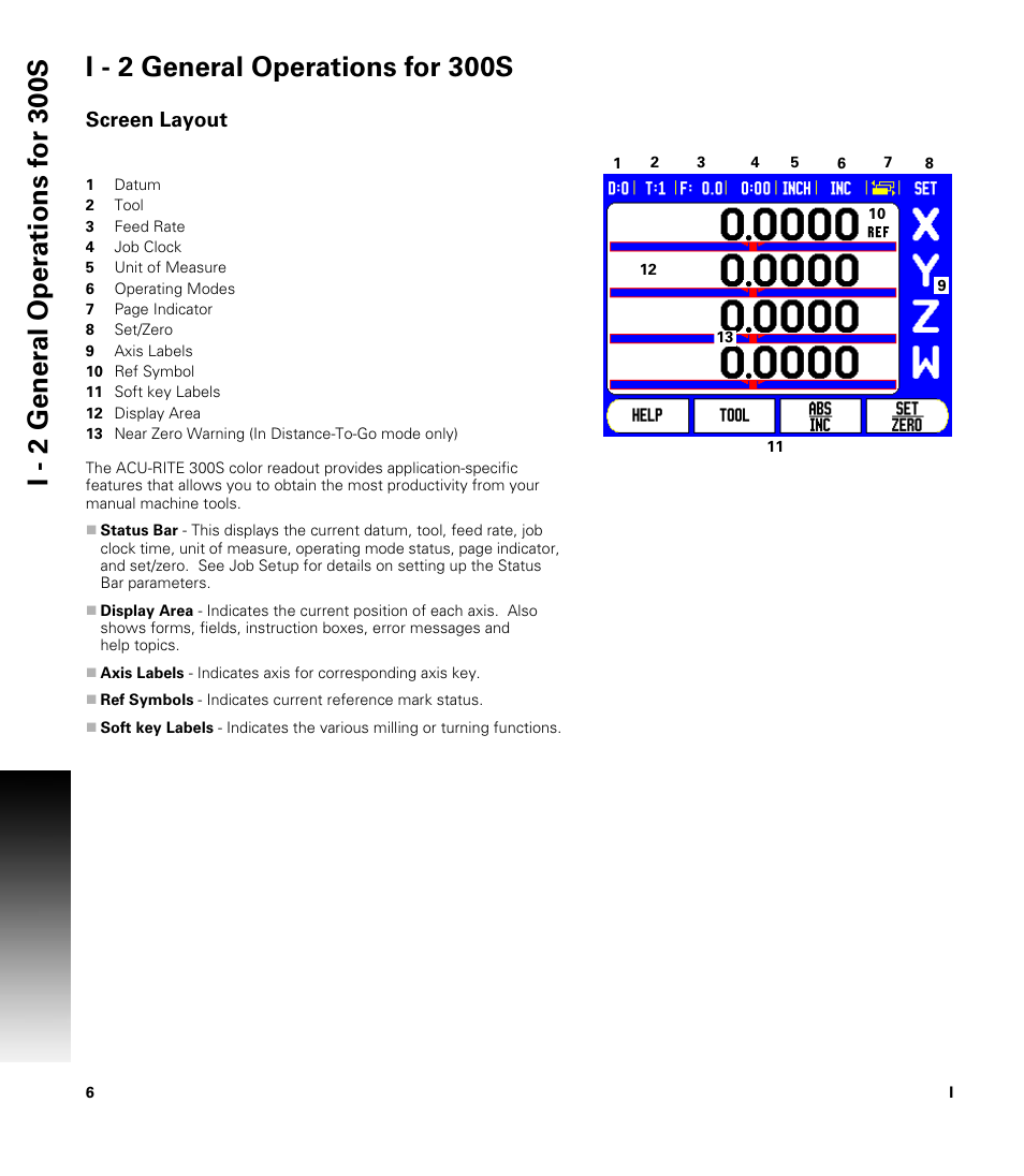 I - 2 general operations for 300s, Screen layout | ACU-RITE 300S User Manual | Page 20 / 120
