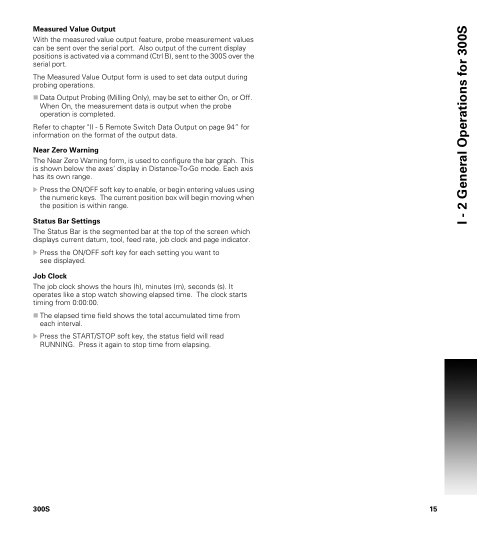 Measured value output, Near zero warning, Status bar settings | Job clock | ACU-RITE 300S User Manual | Page 29 / 120