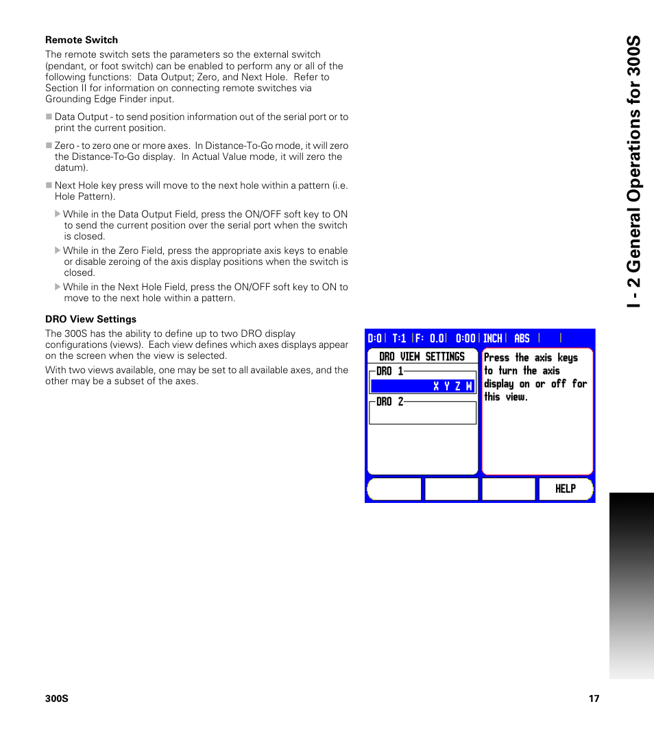 Remote switch, Dro view settings, Remote switch dro view settings | ACU-RITE 300S User Manual | Page 31 / 120