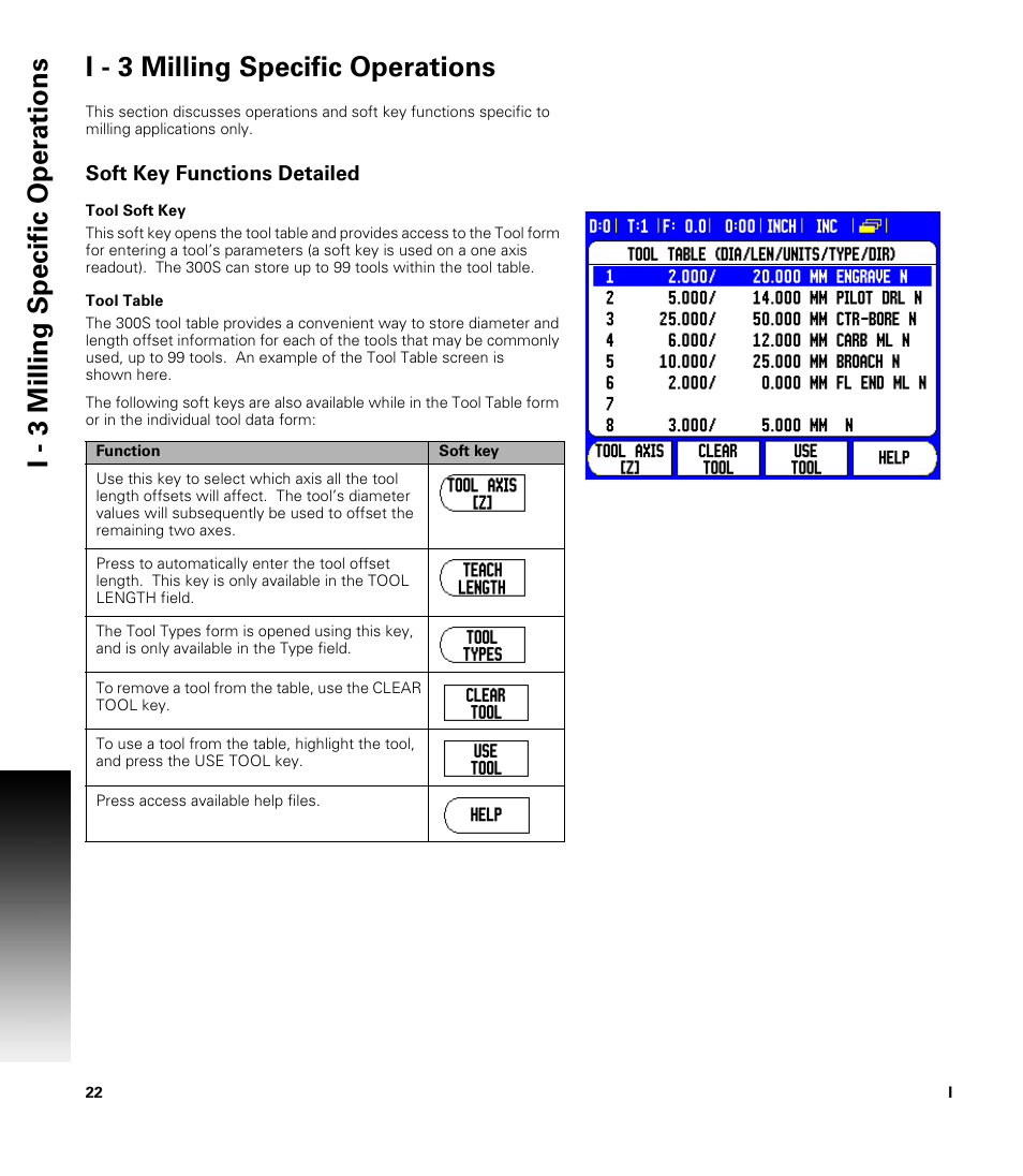 I - 3 milling specific operations, Soft key functions detailed, Tool soft key | Tool table, Tool soft key tool table | ACU-RITE 300S User Manual | Page 36 / 120