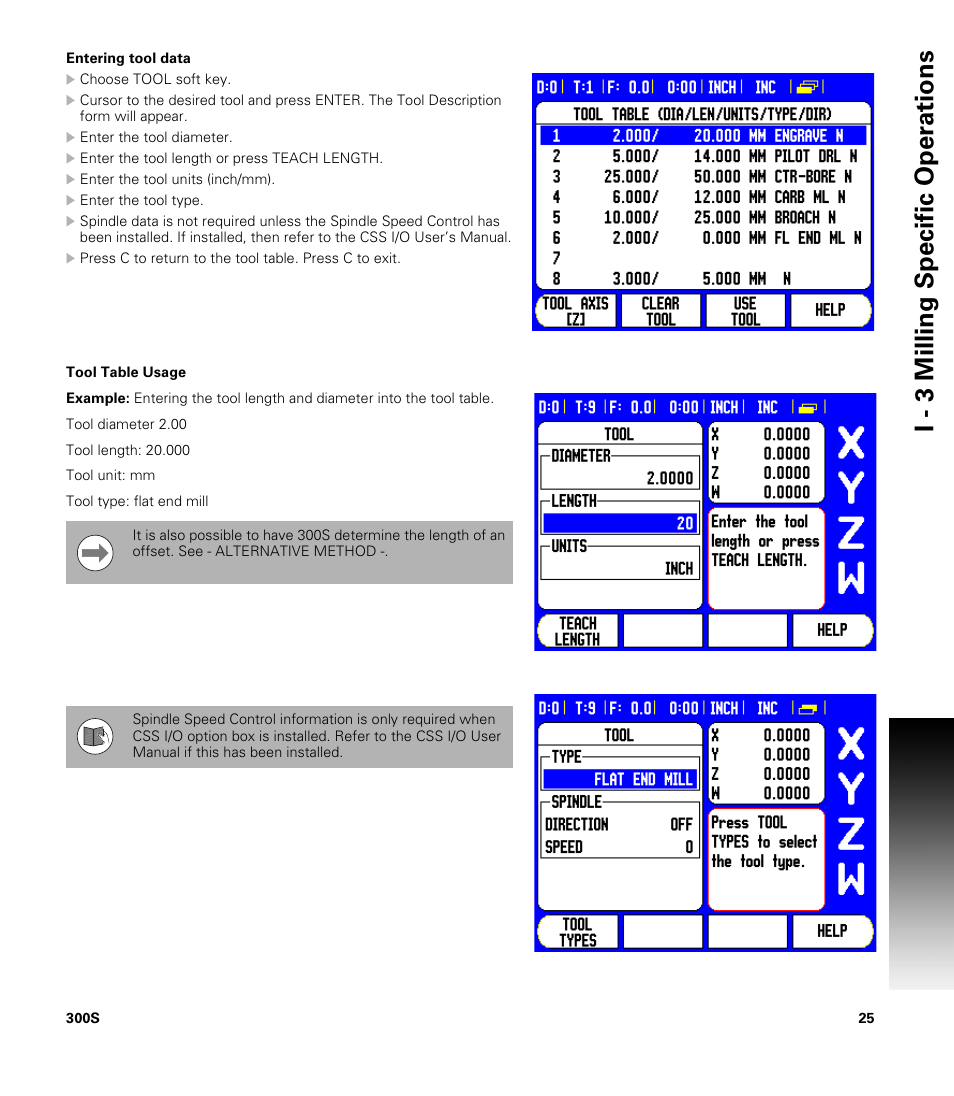 Entering tool data, I - 3 milling specific oper ations | ACU-RITE 300S User Manual | Page 39 / 120