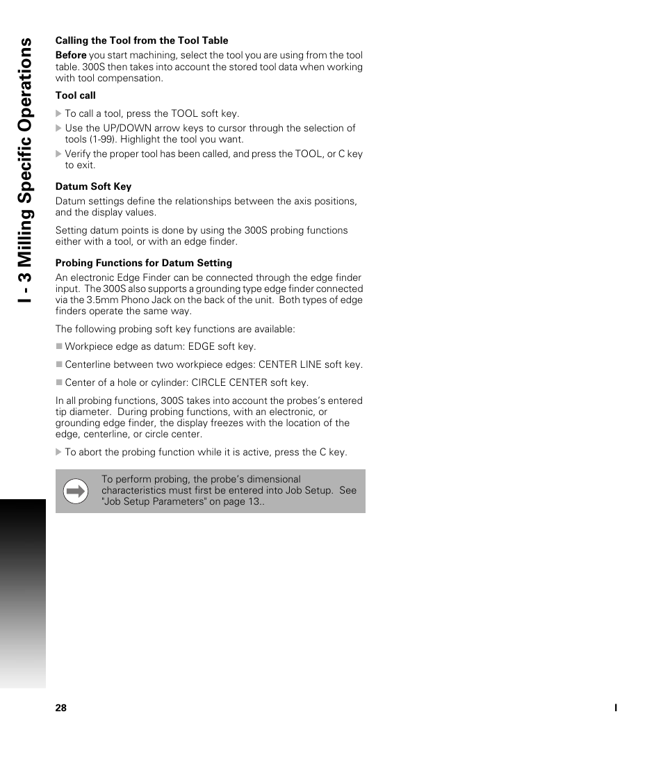 Calling the tool from the tool table, Datum soft key, Probing functions for datum setting | I - 3 milling specific oper ations | ACU-RITE 300S User Manual | Page 42 / 120