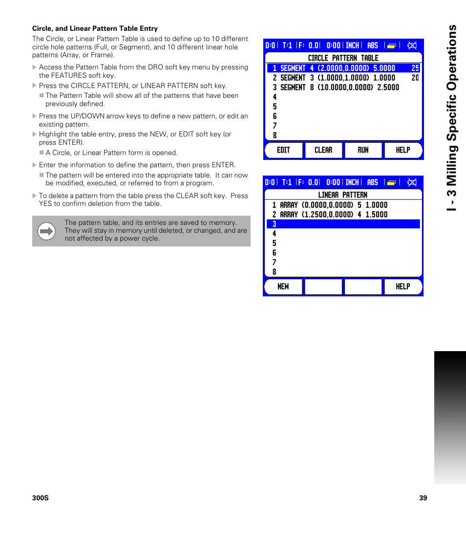 Circle, and linear pattern table entry, I - 3 milling specific oper ations | ACU-RITE 300S User Manual | Page 53 / 120