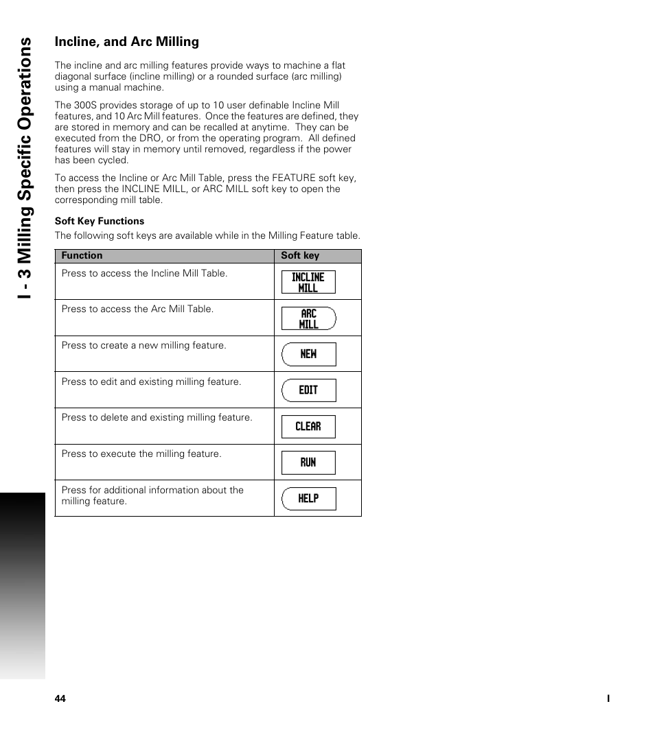 Incline, and arc milling, Soft key functions, I - 3 milling specific oper ations | ACU-RITE 300S User Manual | Page 58 / 120