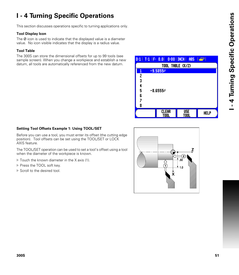 I - 4 turning specific operations, Tool display icon, Tool table | Tool display icon tool table | ACU-RITE 300S User Manual | Page 65 / 120