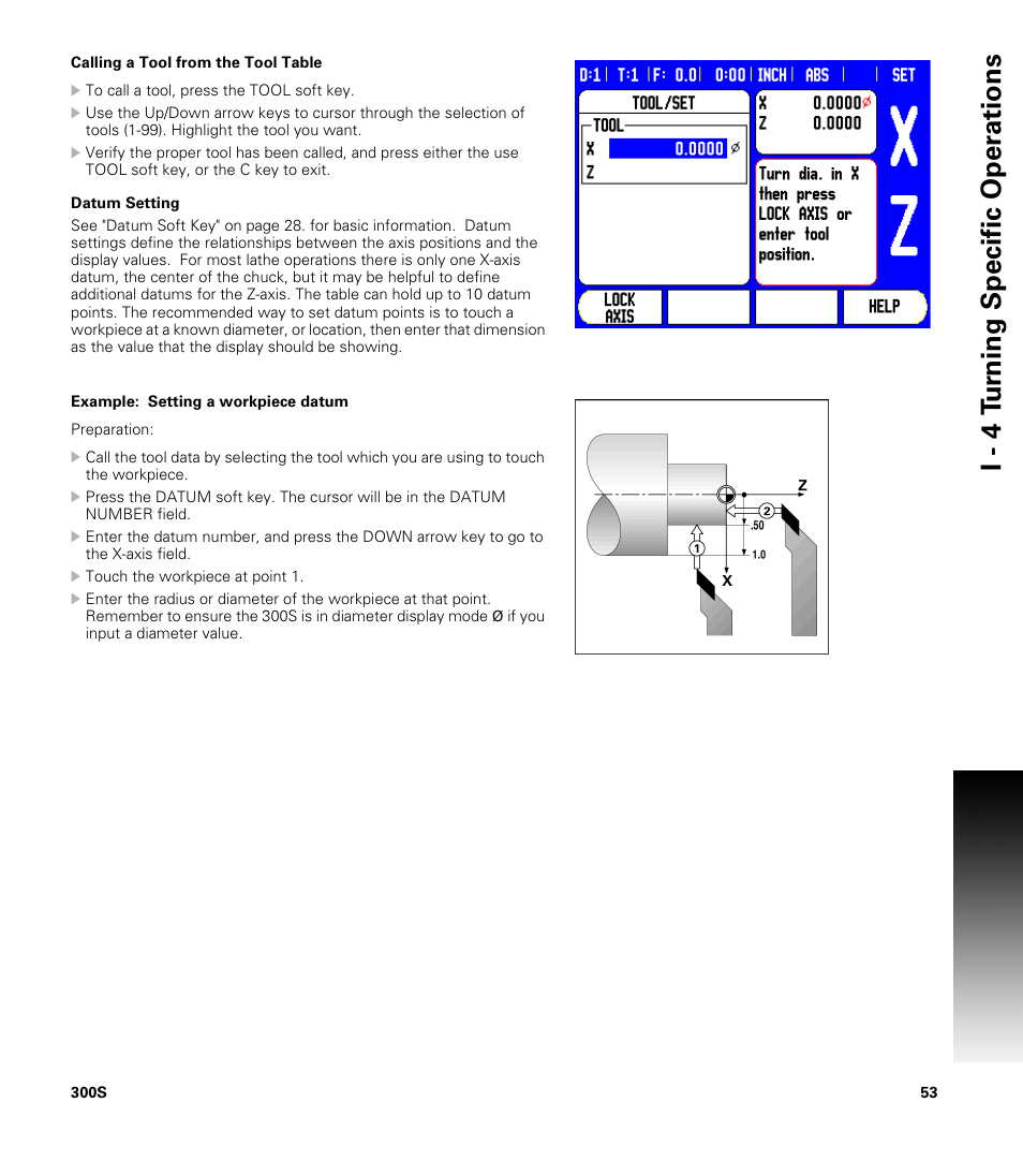 Datum setting, I - 4 t u rn ing specific oper ations | ACU-RITE 300S User Manual | Page 67 / 120