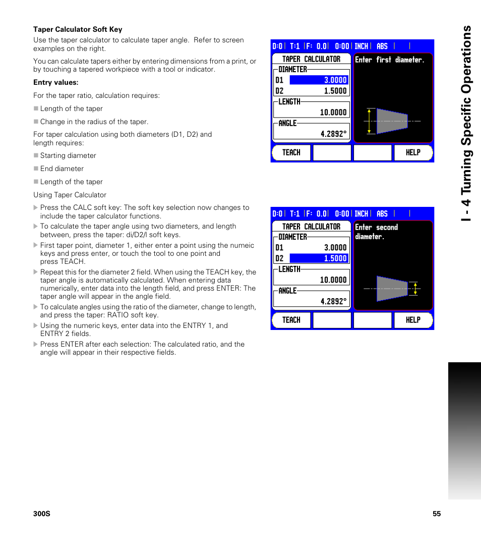Taper calculator soft key, I - 4 t u rn ing specific oper ations | ACU-RITE 300S User Manual | Page 69 / 120