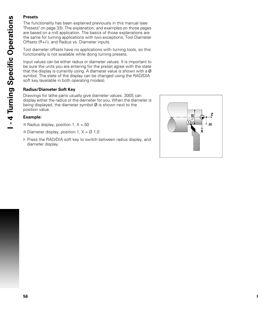 Presets, Radius/diameter soft key, Presets radius/diameter soft key | I - 4 t u rn ing specific oper ations | ACU-RITE 300S User Manual | Page 70 / 120