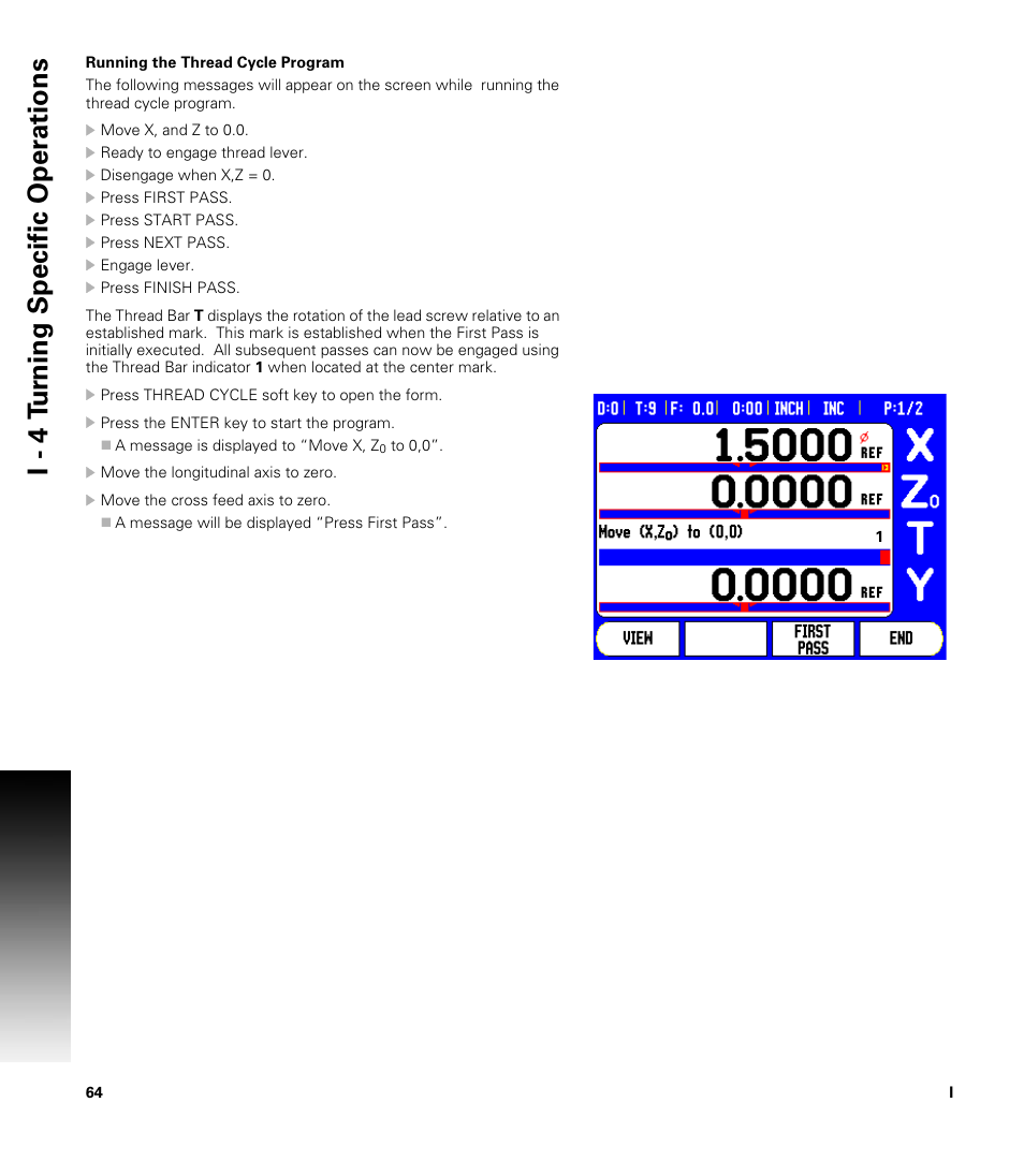 Running the thread cycle program, I - 4 t u rn ing specific oper ations | ACU-RITE 300S User Manual | Page 78 / 120