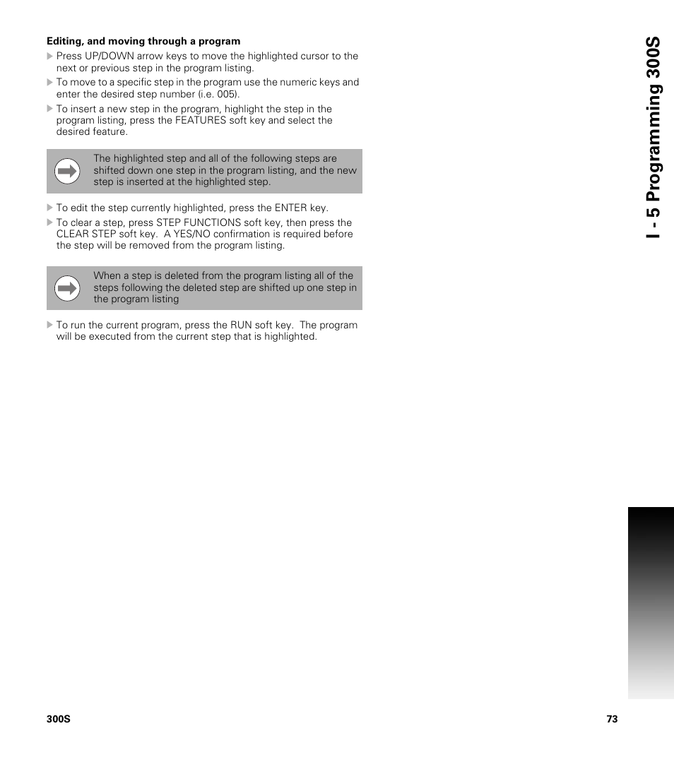 Editing, and moving through a program, I - 5 pr ogr amming 30 0s | ACU-RITE 300S User Manual | Page 87 / 120