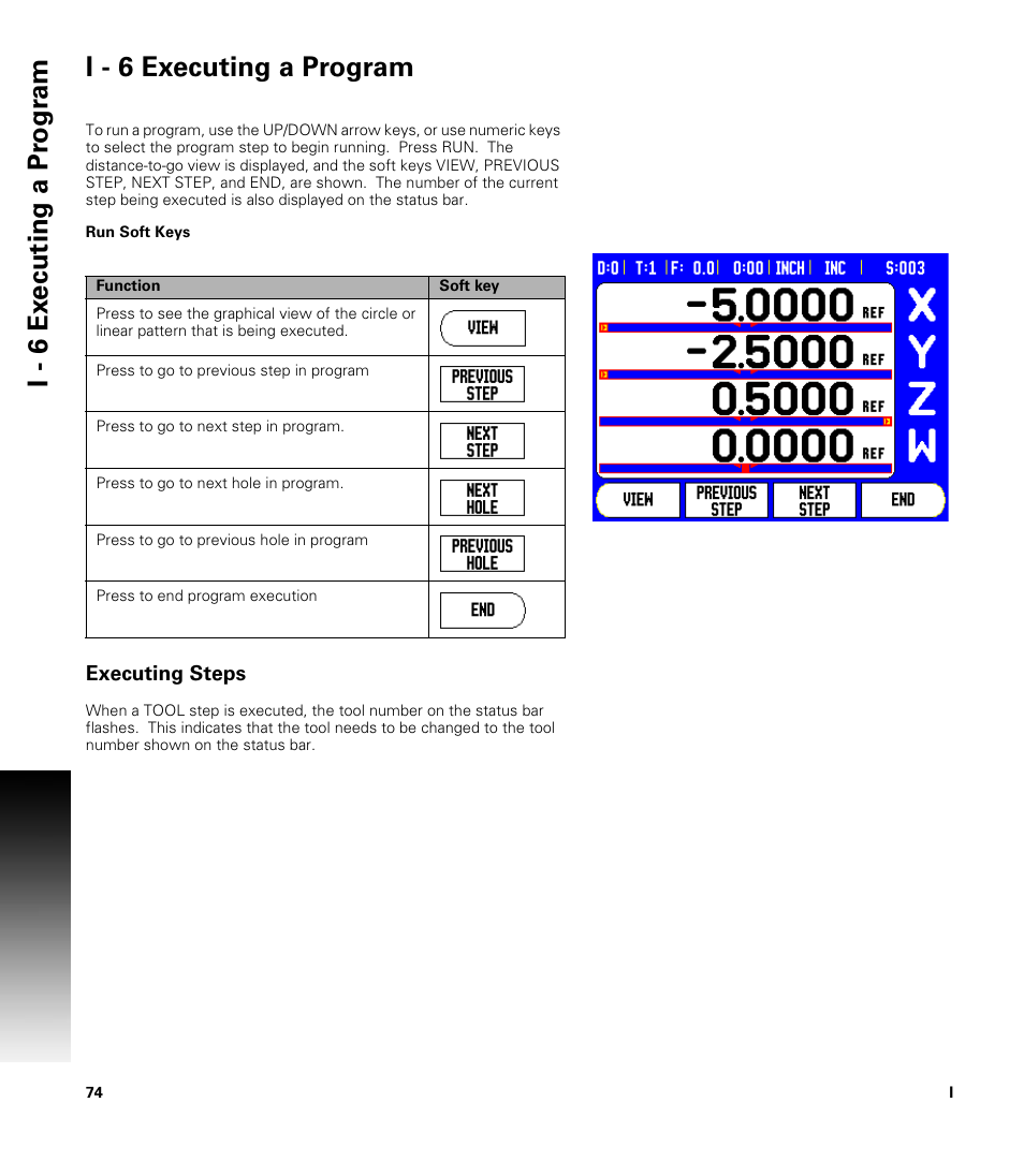 I - 6 executing a program, Run soft keys, Executing steps | ACU-RITE 300S User Manual | Page 88 / 120