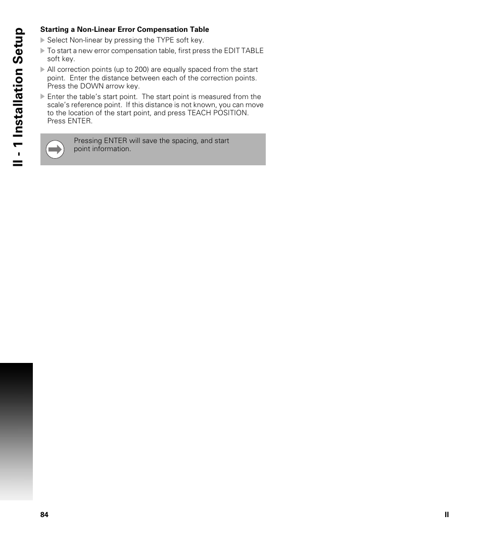 Starting a non-linear error compensation table, Ii - 1 installation set u p | ACU-RITE 300S User Manual | Page 98 / 120