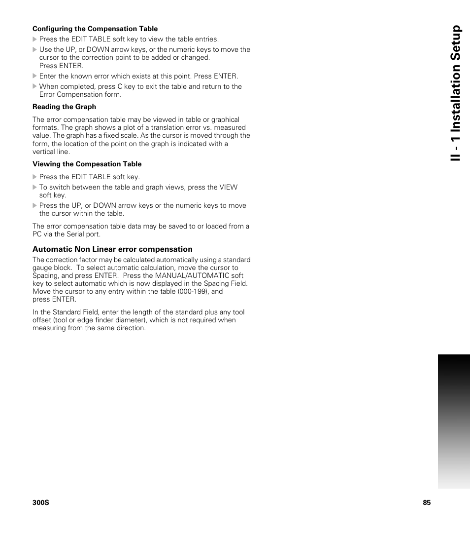 Configuring the compensation table, Automatic non linear error compensation, Ii - 1 installation set u p | ACU-RITE 300S User Manual | Page 99 / 120