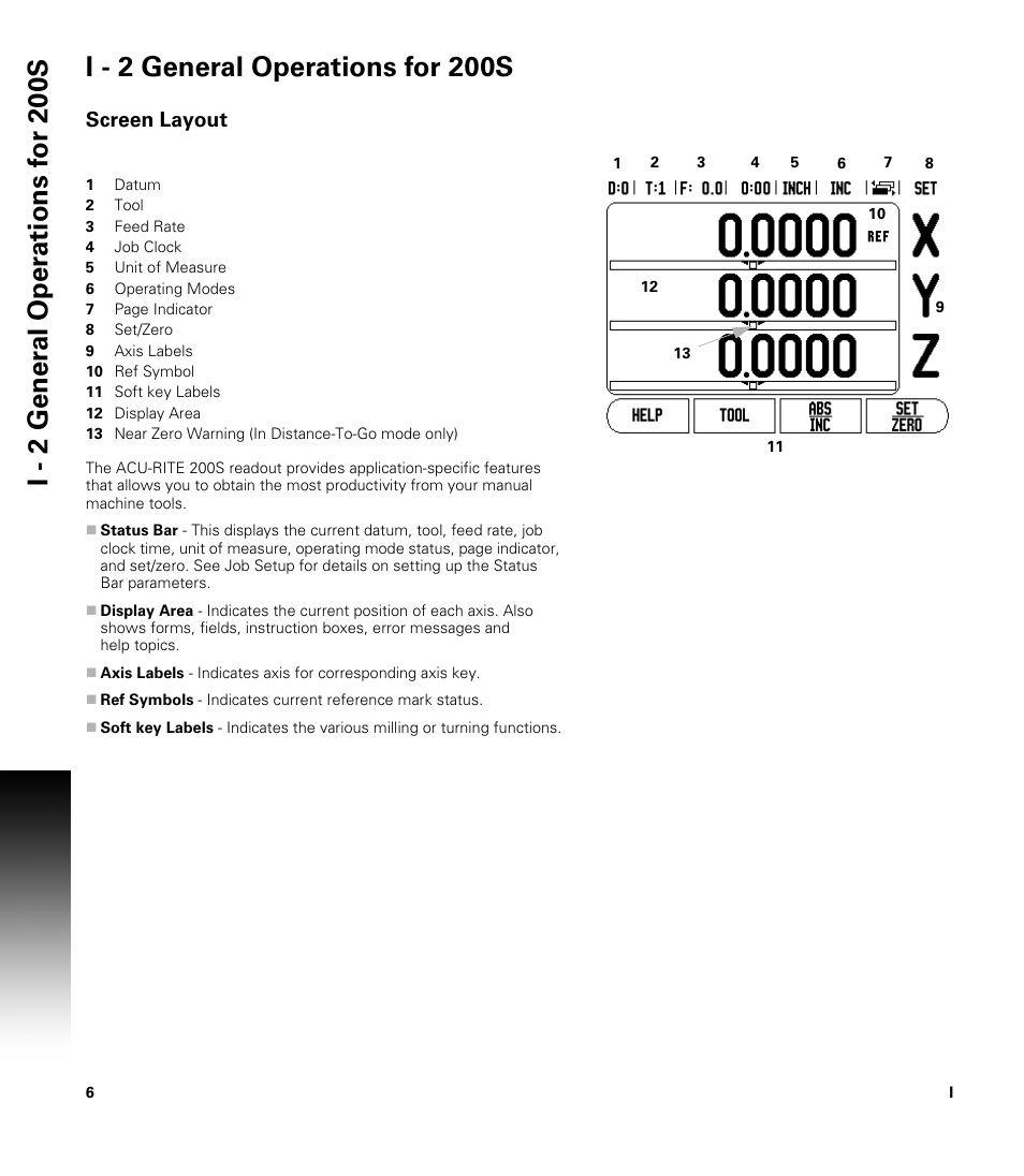 I - 2 general operations for 200s, Screen layout | ACU-RITE 200S User Manual | Page 20 / 98