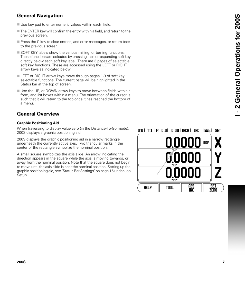 General navigation, General overview, Graphic positioning aid | ACU-RITE 200S User Manual | Page 21 / 98