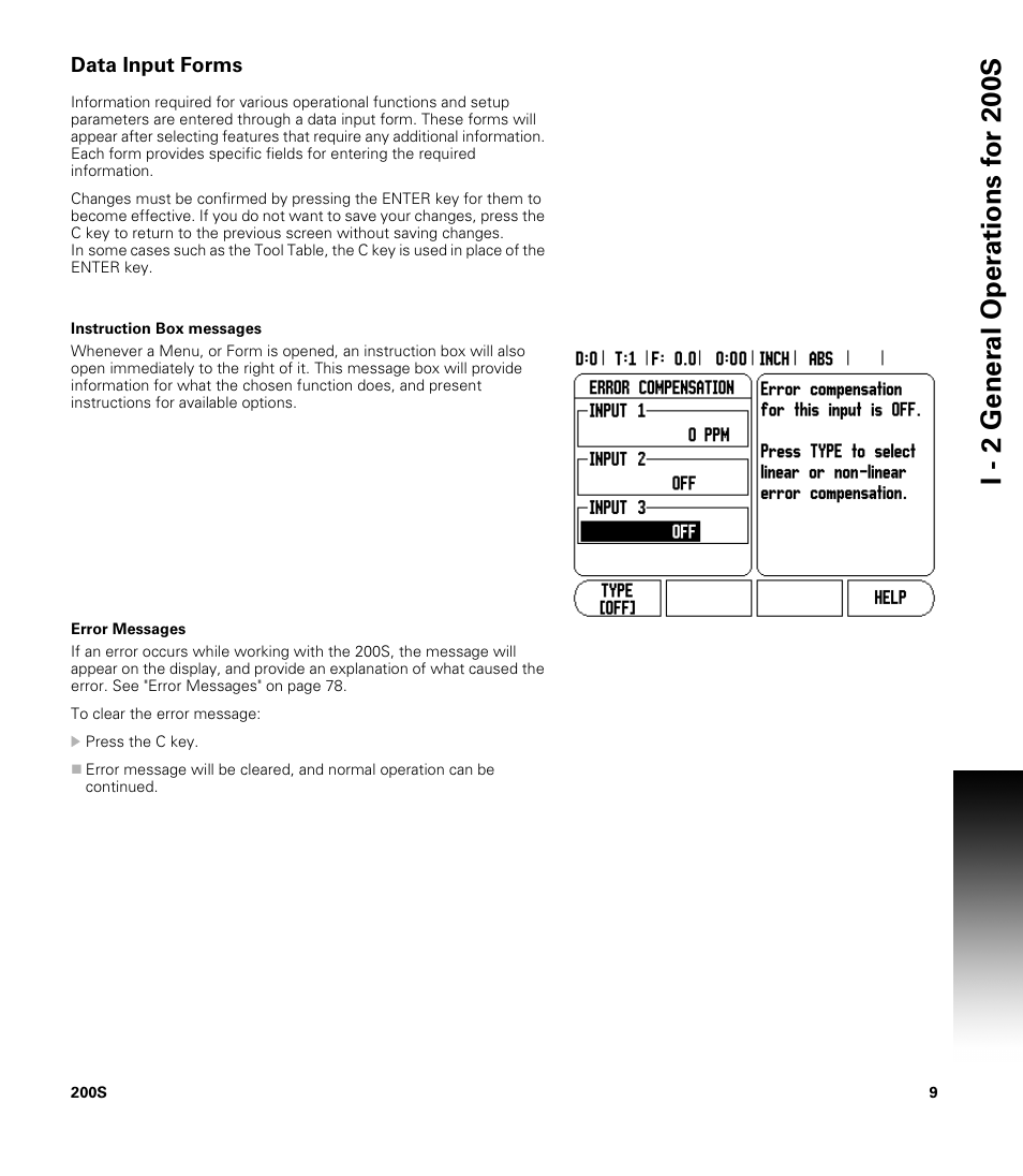 Data input forms, Instruction box messages, Error messages | Instruction box messages error messages | ACU-RITE 200S User Manual | Page 23 / 98
