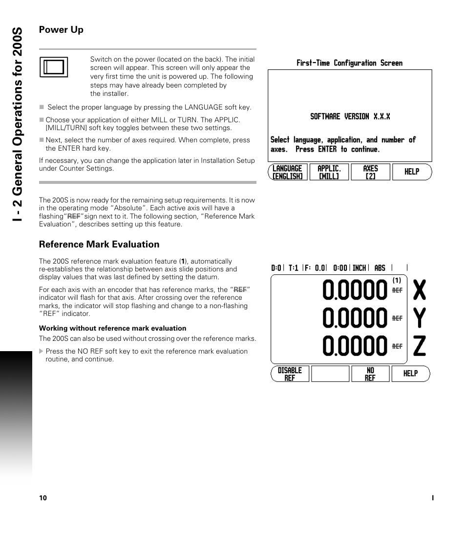 Power up, Reference mark evaluation, Working without reference mark evaluation | ACU-RITE 200S User Manual | Page 24 / 98