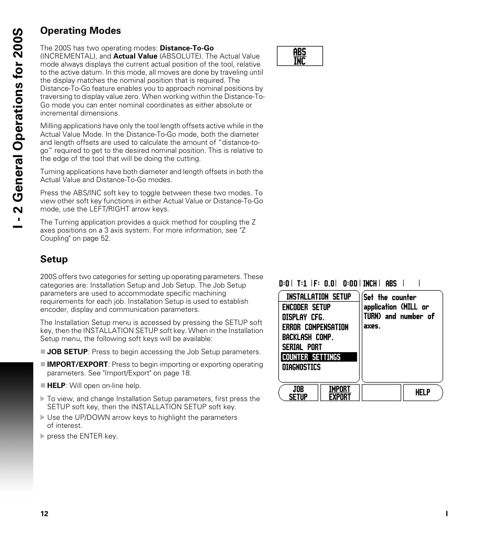 Operating modes, Setup | ACU-RITE 200S User Manual | Page 26 / 98