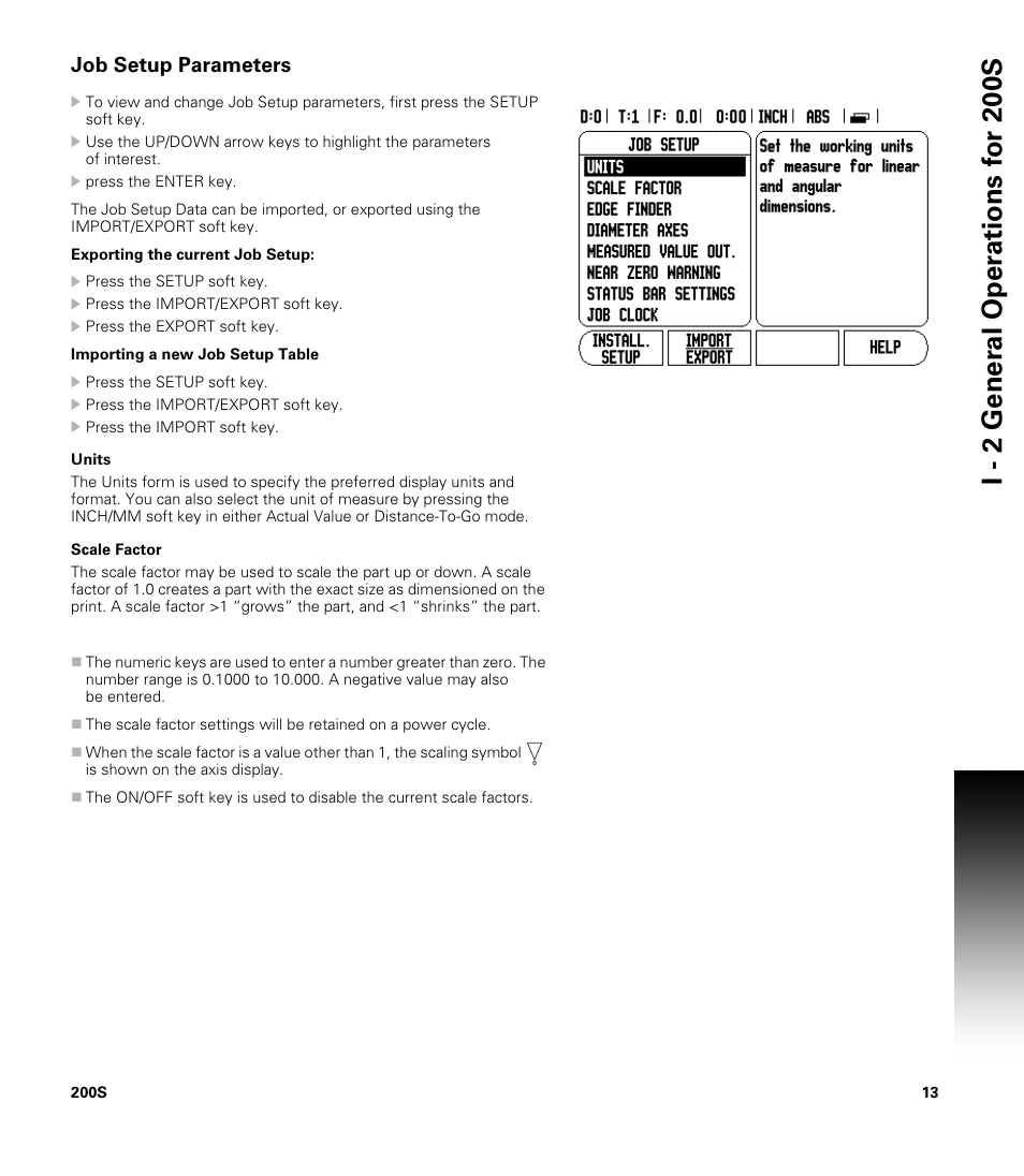 Job setup parameters, Units, Scale factor | Units scale factor | ACU-RITE 200S User Manual | Page 27 / 98