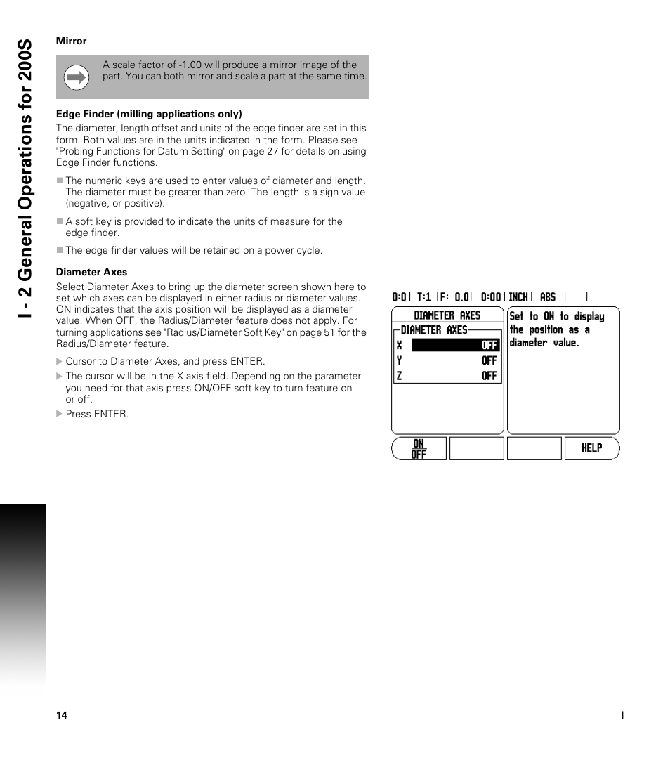 Mirror, Edge finder (milling applications only), Diameter axes | ACU-RITE 200S User Manual | Page 28 / 98