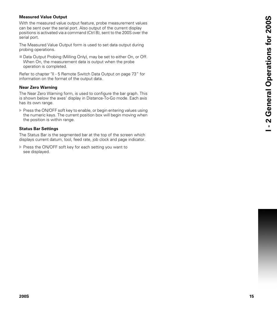Measured value output, Near zero warning, Status bar settings | ACU-RITE 200S User Manual | Page 29 / 98