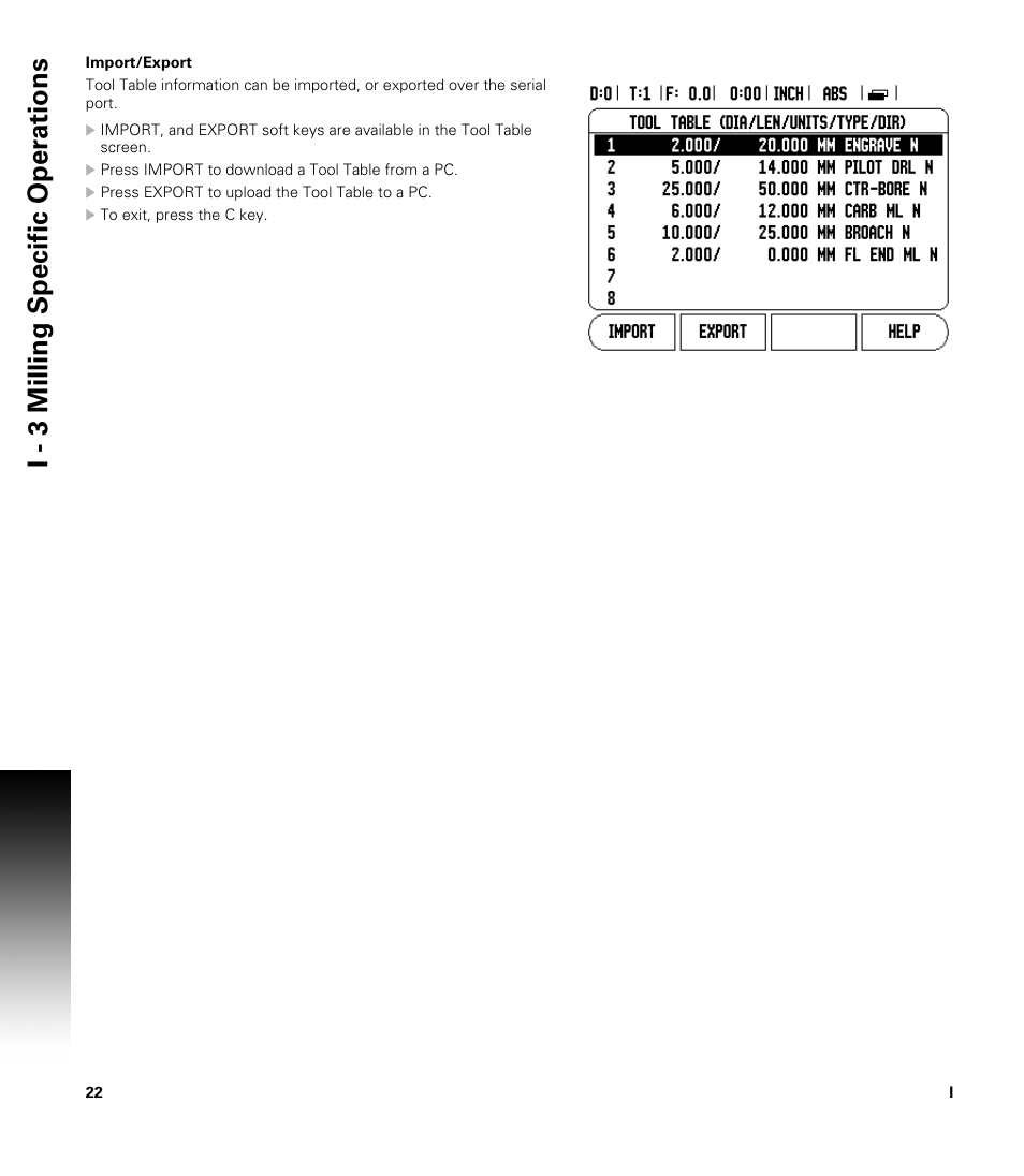 Import/export, I - 3 milling specific oper ations | ACU-RITE 200S User Manual | Page 36 / 98