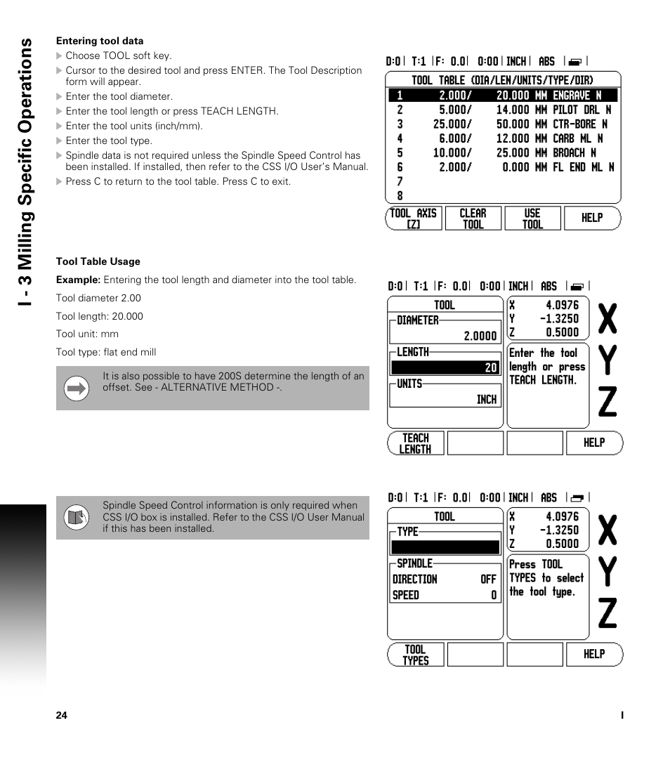 Entering tool data, I - 3 milling specific oper ations | ACU-RITE 200S User Manual | Page 38 / 98