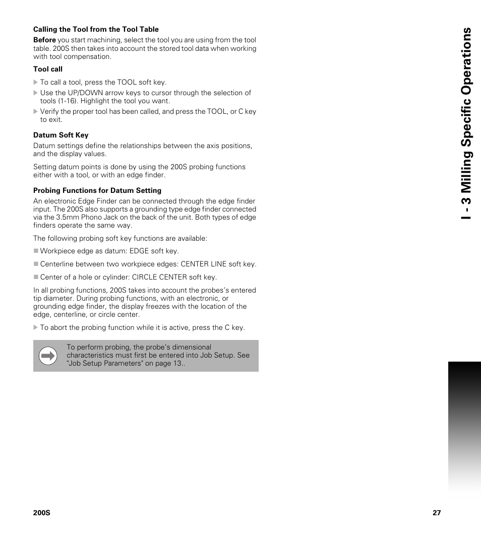 Calling the tool from the tool table, Datum soft key, Probing functions for datum setting | I - 3 milling specific oper ations | ACU-RITE 200S User Manual | Page 41 / 98