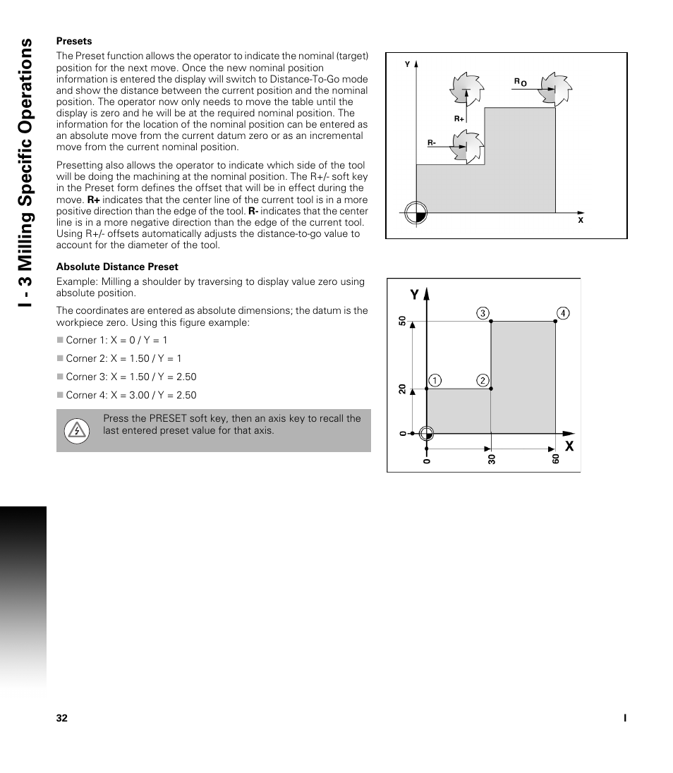 Presets, Absolute distance preset, Ental) function | Presets absolute distance preset, I - 3 milling specific oper ations | ACU-RITE 200S User Manual | Page 46 / 98