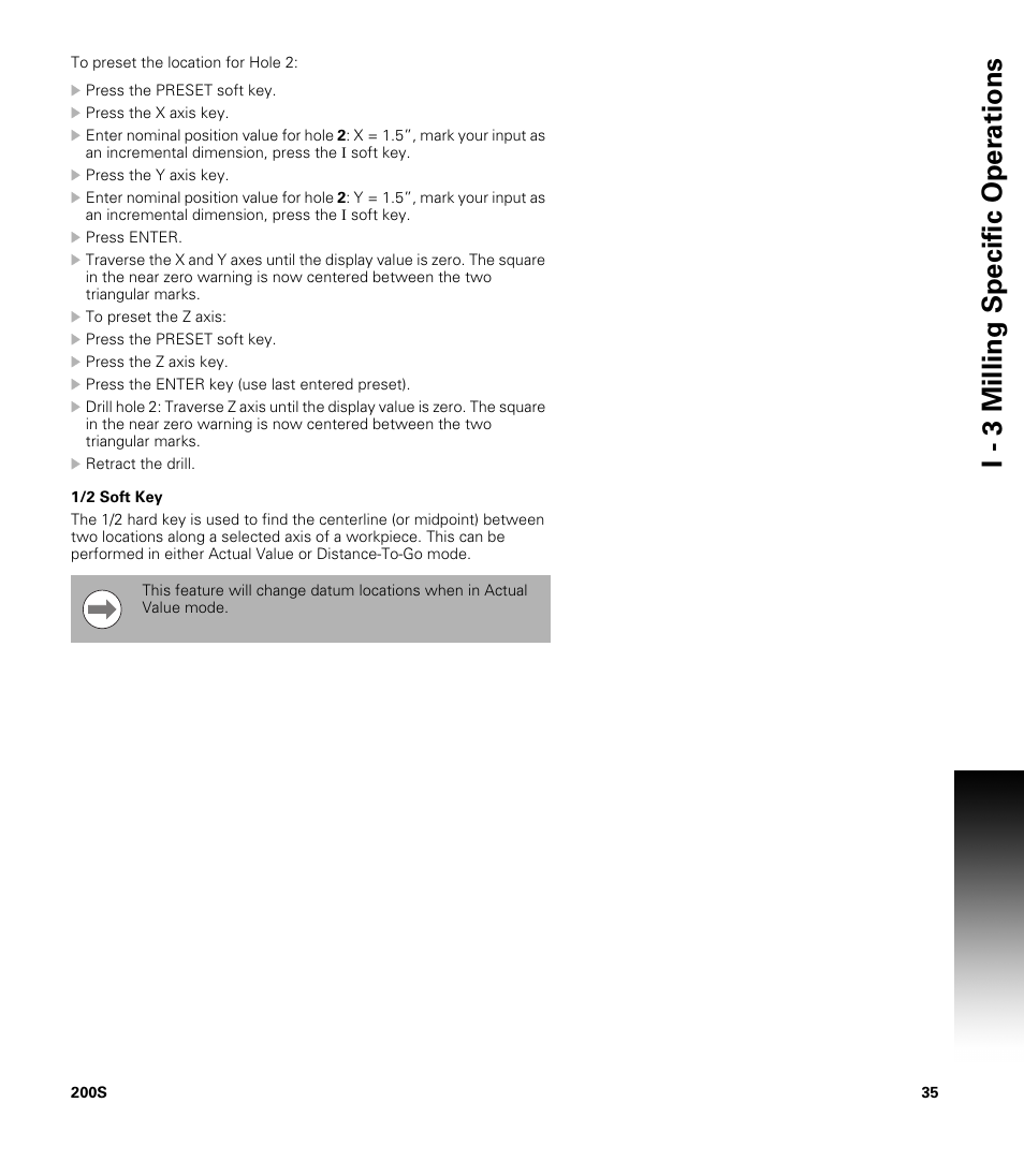 1/2 soft key, Position by two, I - 3 milling specific oper ations | ACU-RITE 200S User Manual | Page 49 / 98