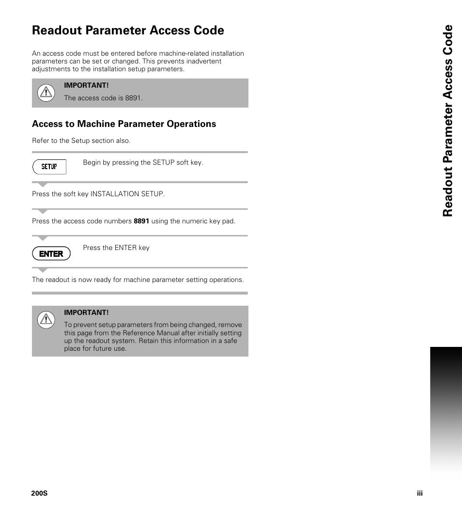 Readout parameter access code, Access to machine parameter operations | ACU-RITE 200S User Manual | Page 5 / 98