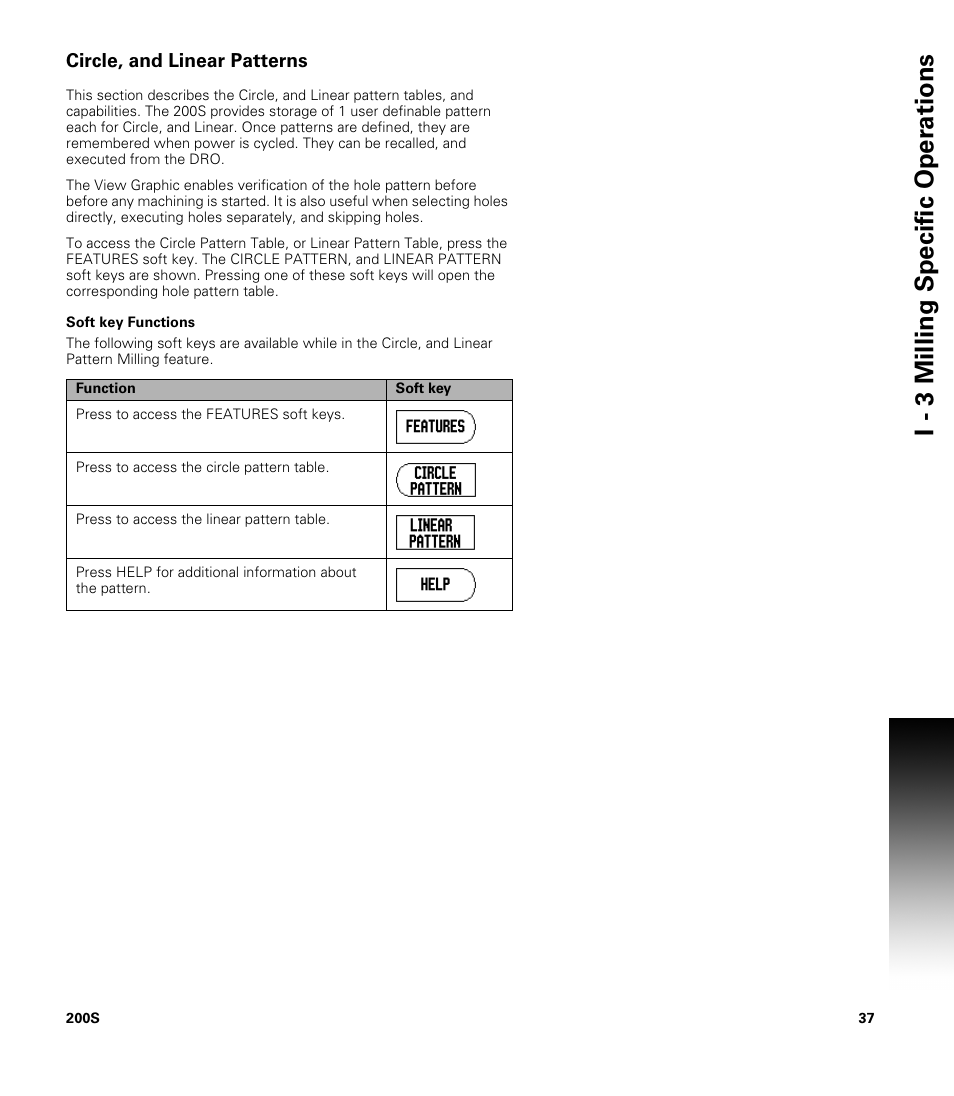 Circle, and linear patterns, Soft key functions, I - 3 milling specific oper ations | ACU-RITE 200S User Manual | Page 51 / 98