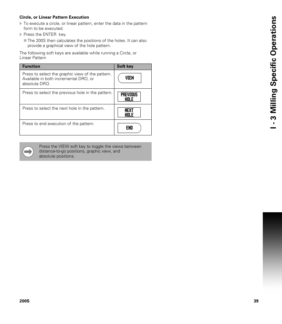 Circle, or linear pattern execution, Ircle, or linear pattern execution, I - 3 milling specific oper ations | ACU-RITE 200S User Manual | Page 53 / 98