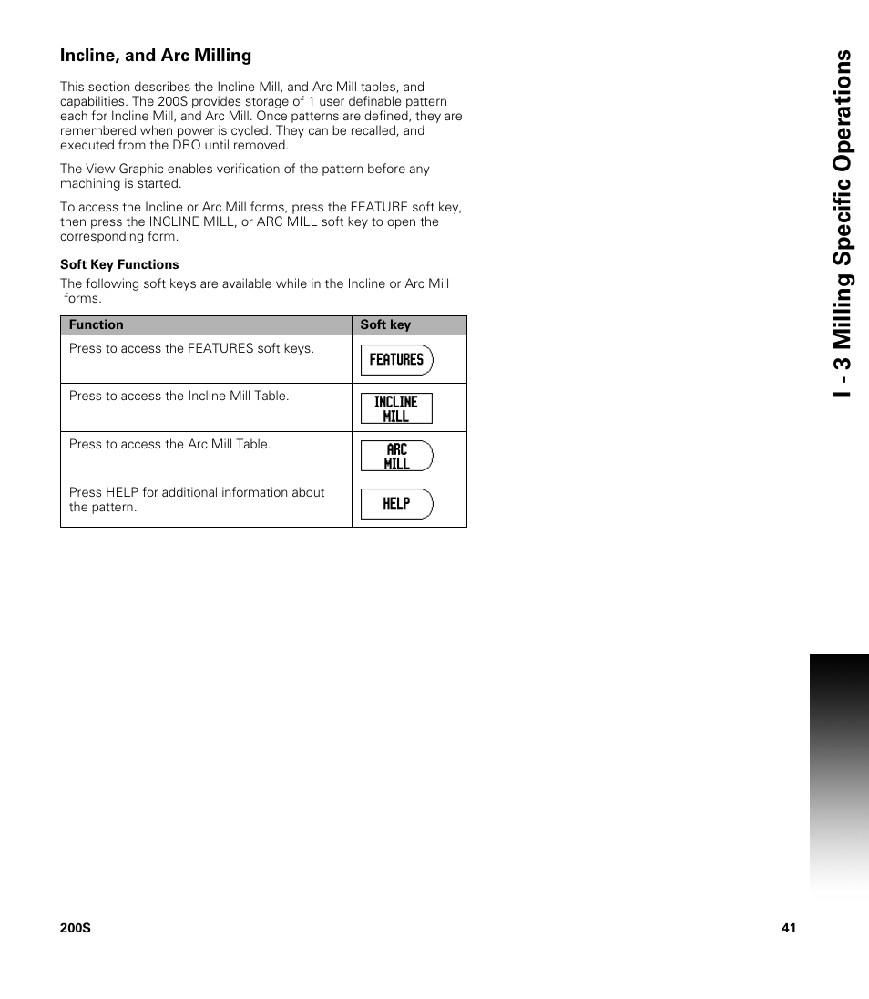 Incline, and arc milling, Soft key functions, Ncline, and arc milling | I - 3 milling specific oper ations | ACU-RITE 200S User Manual | Page 55 / 98