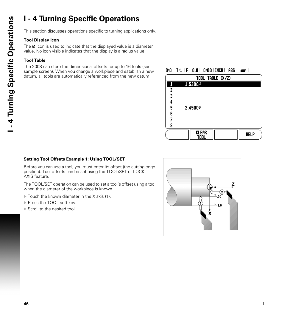 I - 4 turning specific operations, Tool display icon, Tool table | Tool display icon tool table i | ACU-RITE 200S User Manual | Page 60 / 98