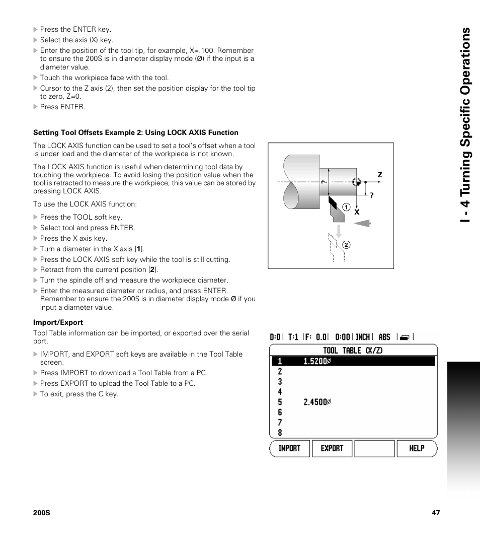 Import/export, Mport/export, I - 4 t u rn ing specific oper ations | ACU-RITE 200S User Manual | Page 61 / 98