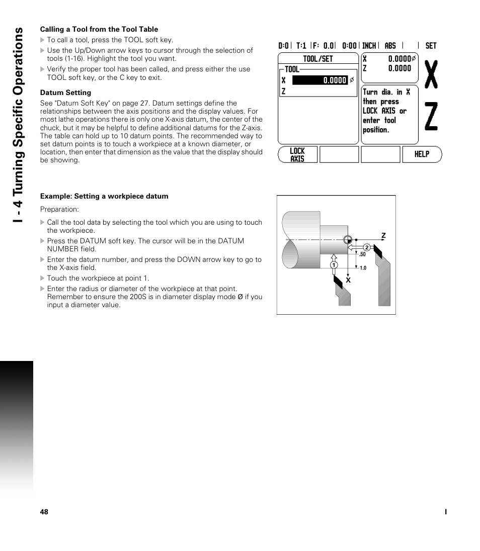 Calling a tool from the tool table, Datum setting, Datum setting t | I - 4 t u rn ing specific oper ations | ACU-RITE 200S User Manual | Page 62 / 98