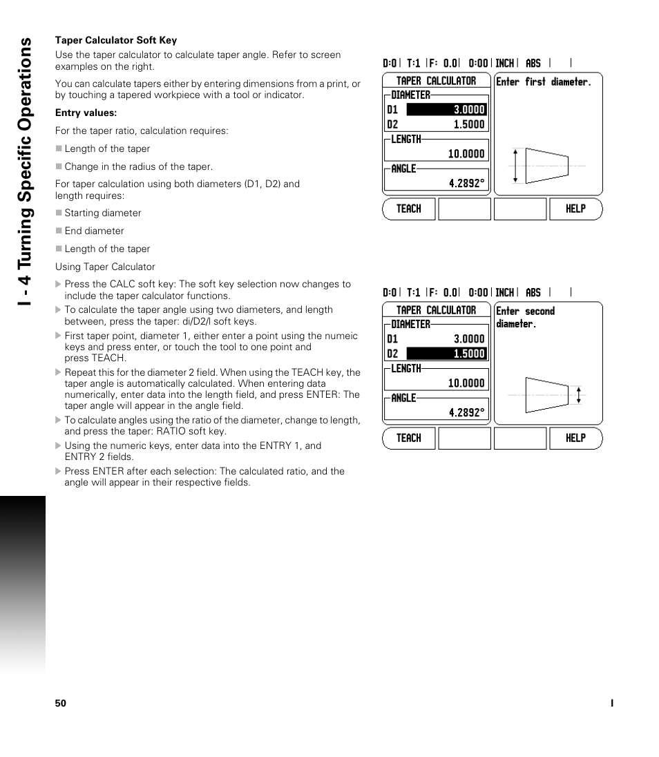 Taper calculator soft key, Aper calculator soft key, I - 4 t u rn ing specific oper ations | ACU-RITE 200S User Manual | Page 64 / 98