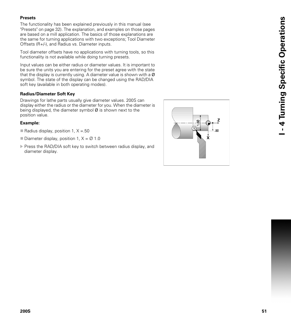 Presets, Radius/diameter soft key, Presets radius/diameter soft key | I - 4 t u rn ing specific oper ations | ACU-RITE 200S User Manual | Page 65 / 98