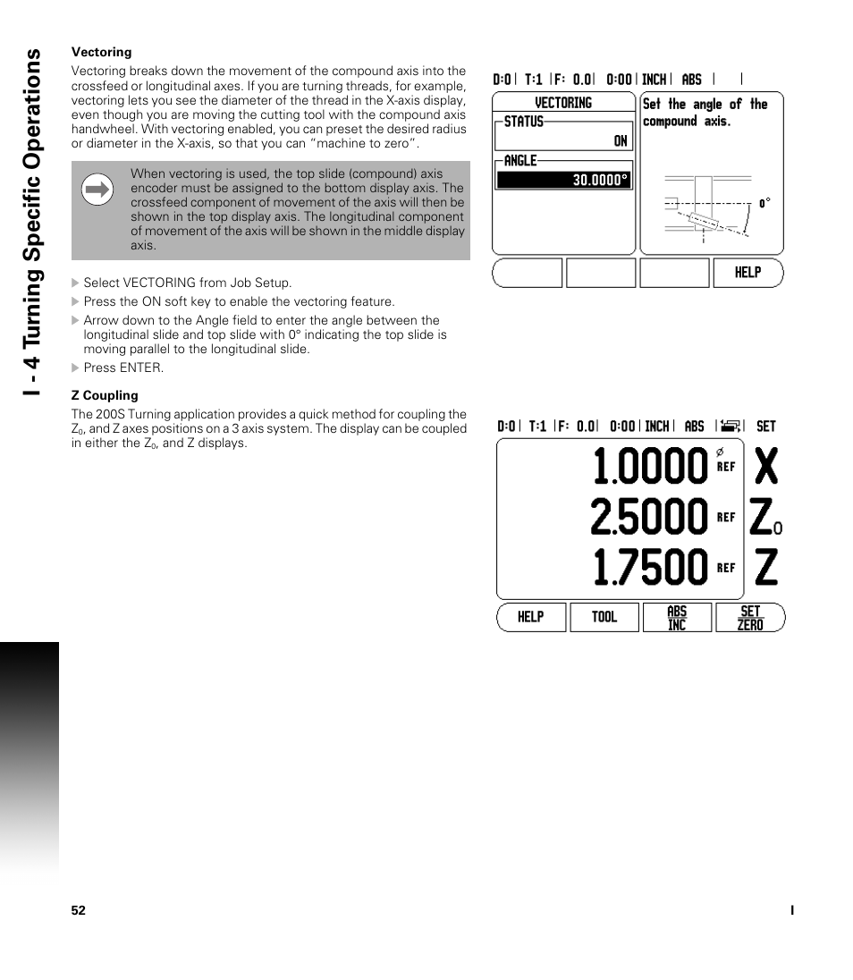 Vectoring, Z coupling, Vectoring z coupling d | I - 4 t u rn ing specific oper ations | ACU-RITE 200S User Manual | Page 66 / 98