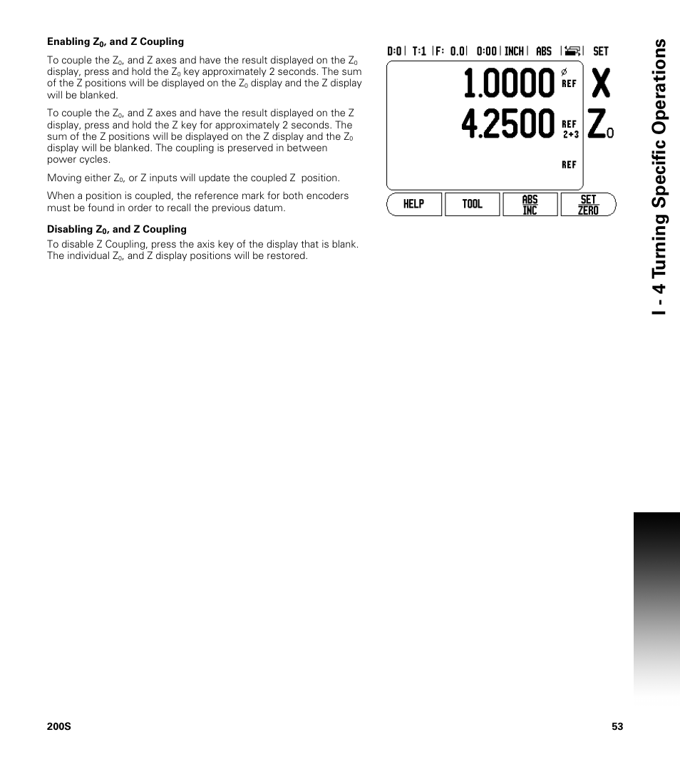 Disabling z0, and z coupling, Isabling z0, and z coupling, I - 4 t u rn ing specific oper ations | ACU-RITE 200S User Manual | Page 67 / 98